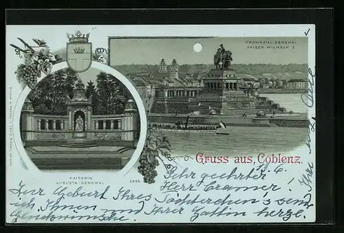 Mondschein-Lithographie Coblenz, Provinzial-Denkmal, Kaiser Wihelm I