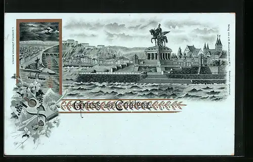 Mondschein-Lithographie Coblenz, Totalansicht mit Denkmal