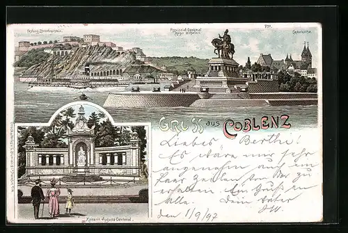 Lithographie Coblenz, Totalansicht mit Kaiserin Augusta-Denkmal
