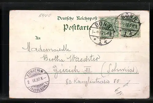 Lithographie Coblenz, Totalansicht mit Kaiserin Augusta-Denkmal