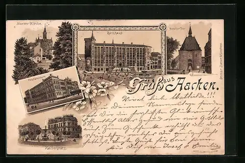 Lithographie Aachen, Ortsansicht mit Marien-Kirche