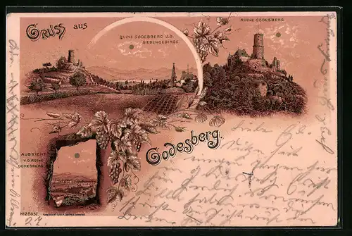 Mondschein-Lithographie Godesberg, Ortsansicht mit Ruine