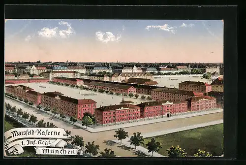 AK München, Marsfeld-Kaserne 1. Inf. Regt. aus der Vogelschau