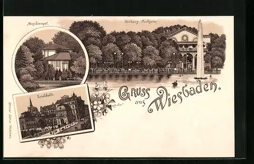 Lithographie Wiesbaden, Kurhaus mit Musiktempel