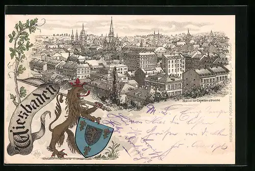 Lithographie Wiesbaden, Totalansicht mit Löwen und Wappen