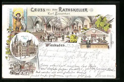 Lithographie Wiesbaden, Rathskeller Karl Bausenhart mit Rathaus