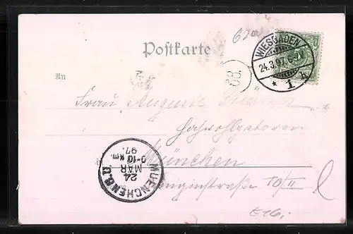 Lithographie Wiesbaden, Rathskeller Karl Bausenhart mit Rathaus