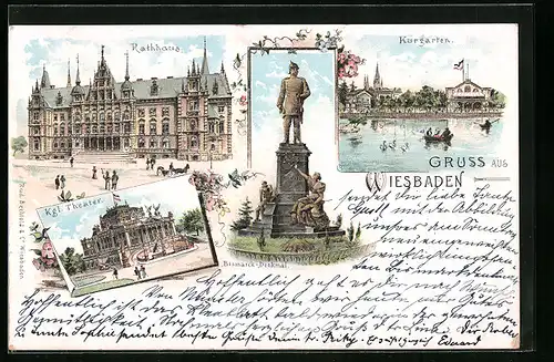 Lithographie Wiesbaden, Kurgarten mit Rathaus