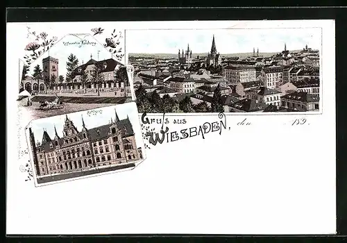 Lithographie Wiesbaden, Totalansicht mit Restauration Neroberg