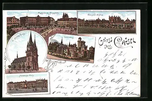 Lithographie Cassel, Postgebäude mit Löwenburg