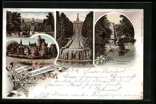 Lithographie Wilhelmshöhe, Löwenburg mit Wasserfall