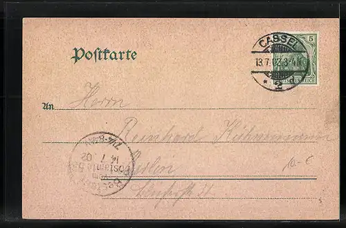 Lithographie Wilhelmshöhe, Löwenburg mit Wasserfall