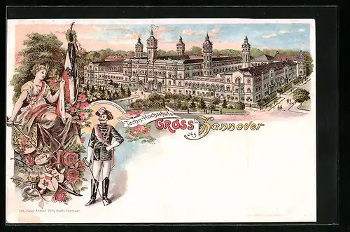 Lithographie Hannover, Totalansicht mit Techn. Hochschule