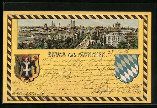 Lithographie München, Totalansicht mit Münchner Kindl und Wappen