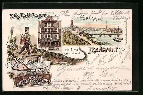 Lithographie Frankfurt a. M., Restaurant zum Krokodil mit Innenansicht