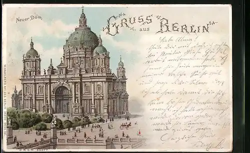 Lithographie Berlin, Neuer Dom mit leuchtenden Fenstern, Halt gegen das Licht