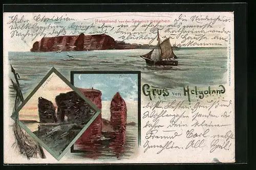 Lithographie Helgoland, Bootspartie mit Eris Hörn und Mönch