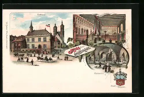 Lithographie Göttingen, Ortsansicht mit Rathaus und Ratskeller