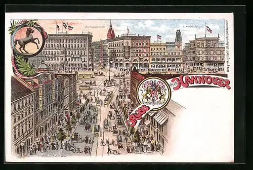 Lithographie Hannover, Totalansicht mit Bahnhofsstrasse