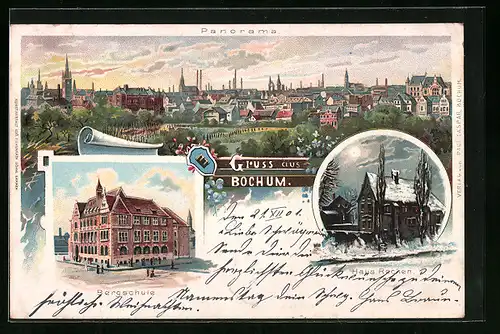 Lithographie Bochum, Panorama mit Bergschule