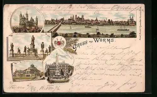 Lithographie Worms, Totalansicht mit Dom