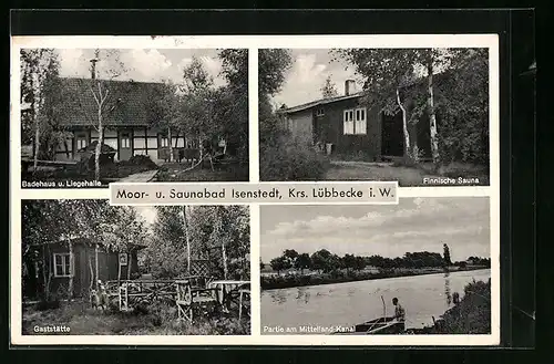 AK Isenstedt i. W., Badehaus und Liegehalle, Finnische Sauna, Gaststätte, Partie am Mittellandkanal
