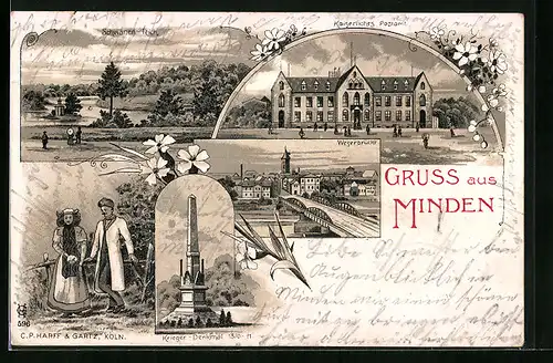 Lithographie Minden i. W., Kriegerdenkmal, Schwanenteich, Kaiserliches Postamt, Weserbrücke