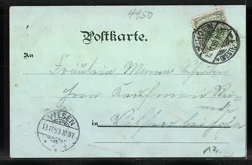 Lithographie Minden i. W., Kriegerdenkmal, Schwanenteich, Kaiserliches Postamt, Weserbrücke