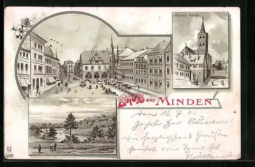 Lithographie Minden i. W., Marktplatz, Schwanenteich und Marienkirche