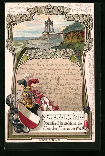 Passepartout-Lithographie Minden i. W., Porta Denkmal aus der Ferne, Wappen