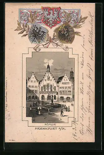 Passepartout-Lithographie Alt-Frankfurt, Strassenpartie am Römer, Wappen