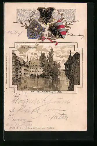 Passepartout-Lithographie Nürnberg, Ortspartie an der Museumsbrücke, Wappen