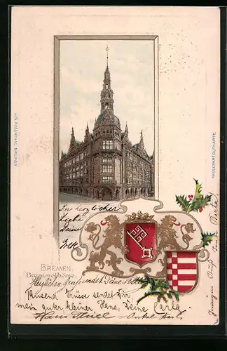 Passepartout-Lithographie Bremen, Strassenansicht der Baumwollbörse, Wappen