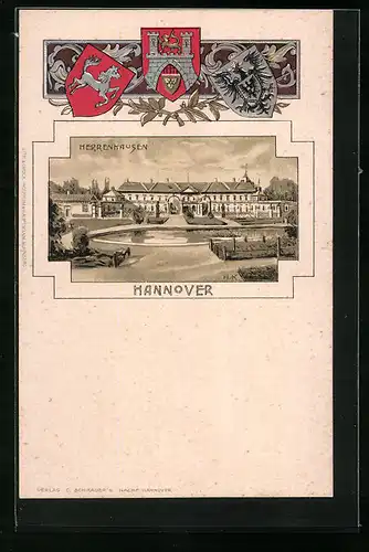 Passepartout-Lithographie Hannover, Frontalansicht von Herrenhausen, Wappen