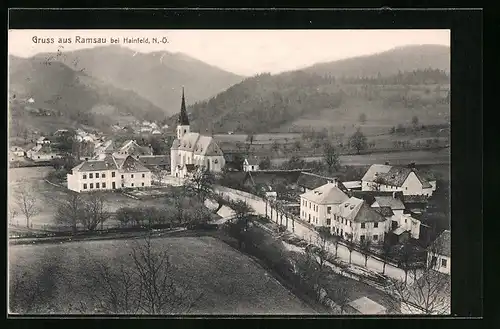 AK Ramsau bei Hainfeld, Ortsansicht aus der Vogelschau mit Strasse und Kirche
