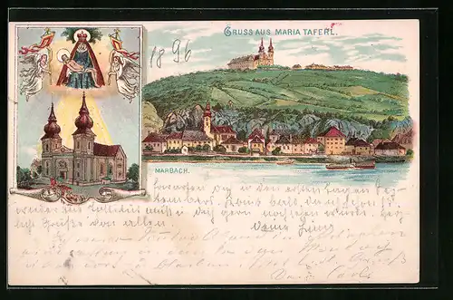 Lithographie Marbach, Ortspanorama mit Maria Taferl, Maria Taferl mit schwebender Jungfau