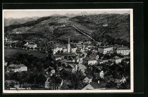 AK Markt Zellern, Ortsansicht mit Bergkette