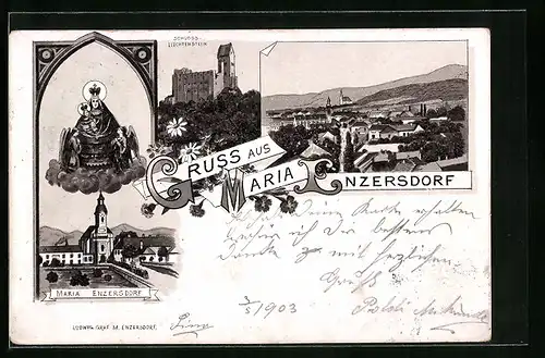 Künstler-AK Maria Enzersdorf, Ortsansicht, Kirche mit schwebender Madonna