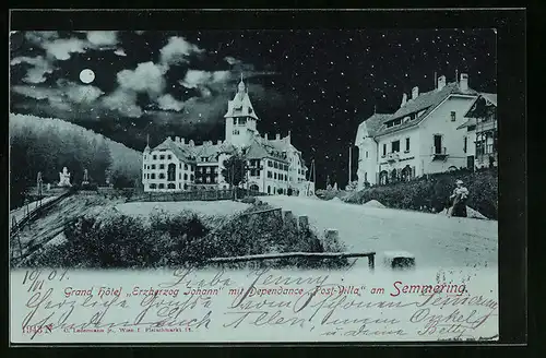 Mondschein-AK Semmering, Grand Hotel Erzherzog Johann mit Dependance Post-Villa