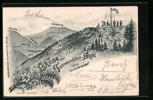 Künstler-AK Sonnwendstein, Gipfel mit Bergsteigern und Alpenlandschaft