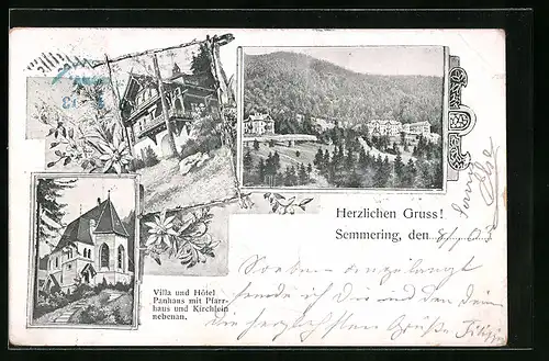 AK Semmering, Villa und Hotel Panhans mit Pfarrhaus