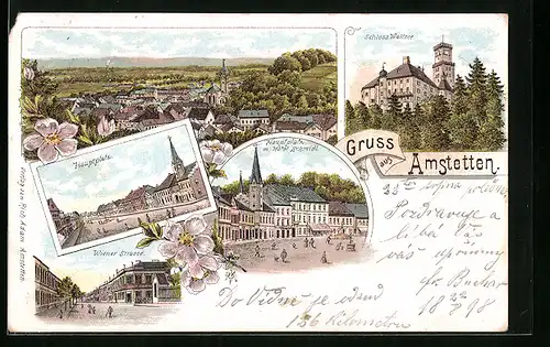 Lithographie Amstetten, Hauptplatz, Schloss Wallsee, Hotel Schmidt, Wiener Strasse