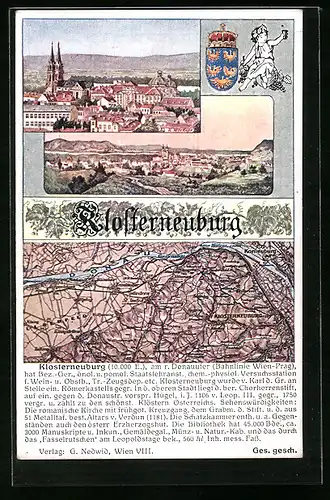 Künstler-AK Klosterneuburg, Totalansicht aus der Ferne, Landkarte der Umgebung