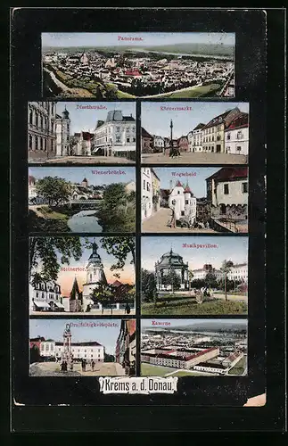 AK Krems a. Donau, Panorama, Dinstlstrasse, Körnermarkt, Wegscheid, Wienerbrücke, Musikpavillon