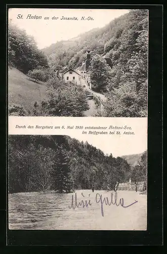 AK St. Anton a. d. Jessnitz, Durch den Bergsturz am 6. Mai 1910 entstandener Antoni-See im Reifgraben