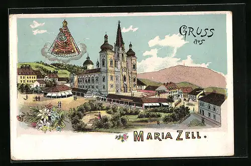 Lithographie Maria Zell, Ortsansicht mit Basilika