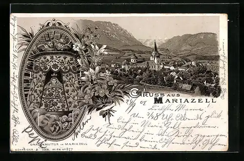Lithographie Mariazell, Ortsansicht mit Basilika und Gnadenmutter