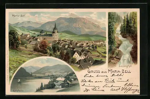 Lithographie Maria-Zell, Ortsansicht mit Lassingfall und Erlafsee