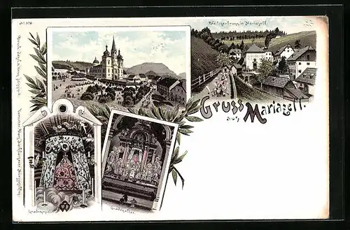 Lithographie Mariazell, Ortsansicht mit Heiligenbrunn und Gnadenaltar