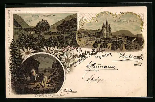 Lithographie Maria Zell, Wallfahrtskirche, Sigmundsberg und Entstehung von Maria Zell